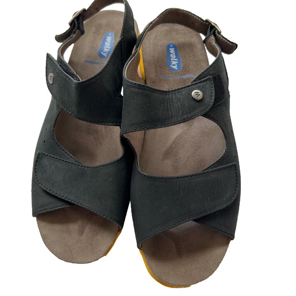 Wolky Leather Sandals 2 Strap Comfort Hook & Loop Black Yellow 41 US Size 9 1/2 - Picture 2 of 8